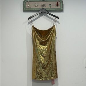 MICAS Cowlneck Gold Mini Slip Dress women’s size large new w tags